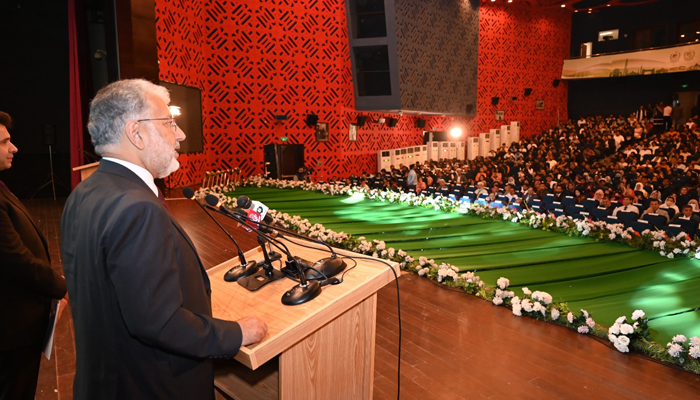 Chairman HEC Dr. Mukhtar Ahmed is expressing his views to the athletes and other students on August 20, 2024. — Facebook/@HECPakistan