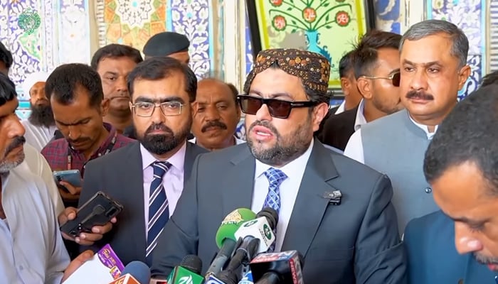 Sindh Governor Kamran Tessori addressing the media on 281st Urs-e-Mubarak of Great Sufi poet Shah Abdul Latif Bhitai in Bhit Shah on August 20, 2024. — Facebook/@TeamKTessori