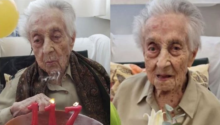 Spains Maria Branyas Morera seen on her 117th birthday in March 2024, and another undated image in her bed in this collage. — X/@MariaBranyas112