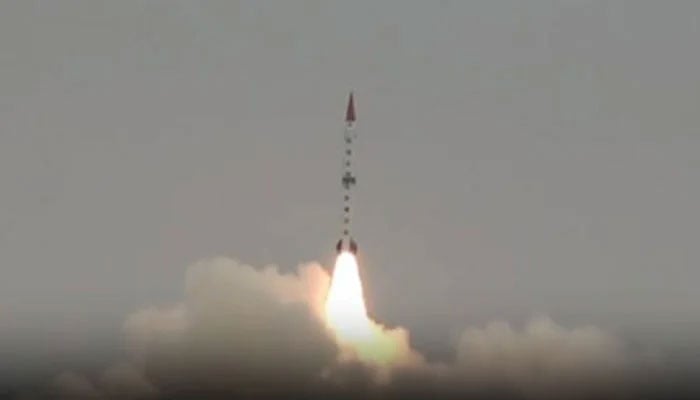 A screengrab showing the training launch of surface-to-surface Shaheen II ballistic missile on August 20, 2024. — Geo News