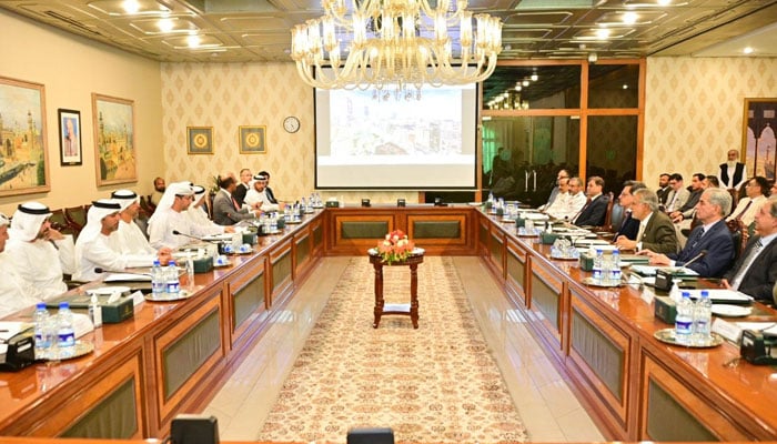 Deputy Prime Minister and Foreign Minister Senator Muhammad Ishaq Dar meets with a high-ranking UAE delegation led by Sheikh Ahmad Dalmook Al-Maktoum on August 20, 2024. — Facebook/PTV News