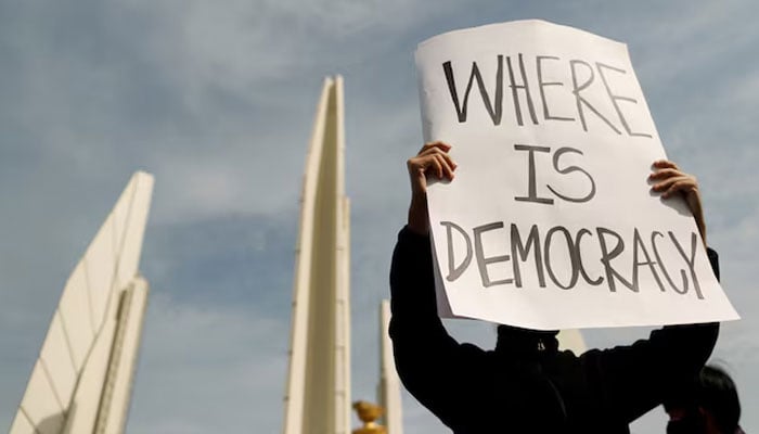 A representational image showing a person holding a pro-democracy placard during a protest. — Reuters/File