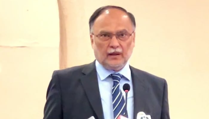 Federal Minister for Planning, Development and Special Initiatives Ahsan Iqbal is speaking on Empowering Digital Pakistan organized by Institute of Regional Studies (IRS) & Center of Pakistan and International Relations (COPAIR) seen in this image August 21, 2024. — Screengrab/Facebook/@PlanComPakistan