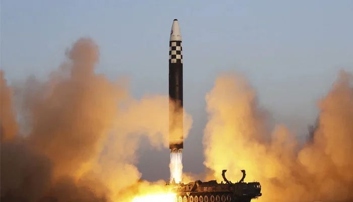 This picture shows the test firing of a North Korean Hwasong-17 intercontinental ballistic missile (ICBM) at Pyongyang International Airport, on March 16, 2023. — AFP