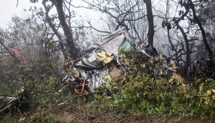 A view of the wreckage of Iranian president Ebrahim Raisis helicopter at the crash site on a mountain in Varzaghan area, northwestern Iran, on May 20, 2024. — Wana/Reuters