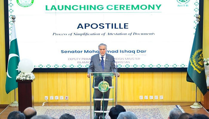 Deputy Prime Minister and Foreign Minister Senator Mohammad Ishaq Dar addresses the Apostille Convention launching ceremony on August 21, 2024. — Facebook/Ministry of Foreign Affairs, Islamabad