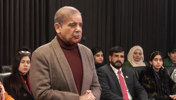 Former prime minister and PMLN President Shehbaz Sharif speaks to a group of young people on the challenges and future of Pakistan in this still on January 24, 2024. — Facebook/Mian Shehbaz Sharif