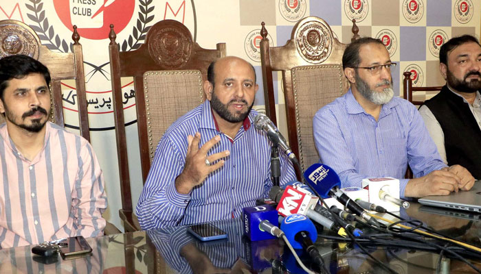 Punjab University Academic Staff Association President, Dr Amjad Iqbal Magsi addresses media persons during a press conference, at the Lahore press club on August 22, 2024. — PPI