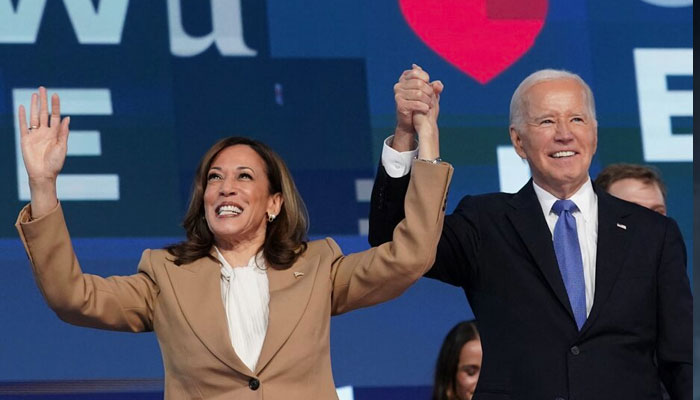 US President Joe Biden and Democratic presidential candidate and US Vice President Kamala Harris reacts onstage at the Democratic National Convention (DNC) in Chicago, Illinois, US, August 19, 2024. — Reuters