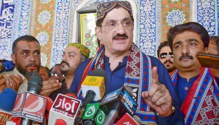 Sindh Chief Minister Syed Murad Ali Shah talks to media persons after attending the dargah in connection with the closing ceremony of the 281st annual Urs of Hazrat Shah Abdul Latif Bhittai on August 22, 2024. — Facebook/Sindh Chief Minister House