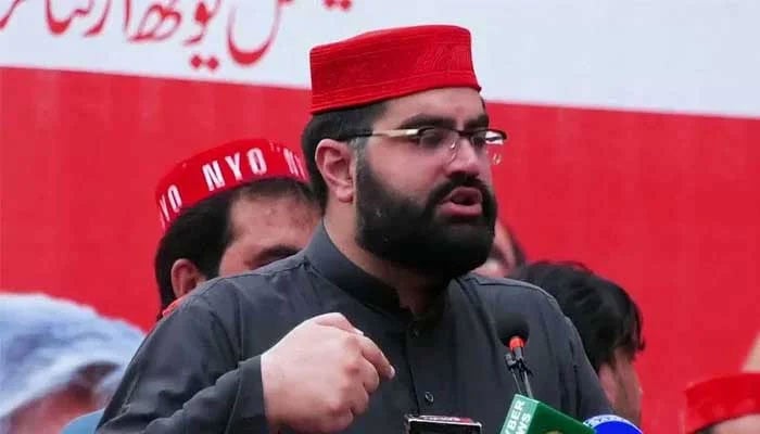 ANP provincial president Aimal Wali Khan speaks in this image during a party gathering on January 8, 2024. — Facebook/Awami National Party