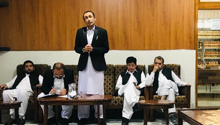 District Bar Association Shangla President Waqif Shah Advocate Shangla is expressing his views regarding the decision to convene a Jirga of the political advisors, trade unions, transport association, stakeholders of Shangla and other seen in this image on August 23, 2024. — Facebook/@District BAR Association Shangla