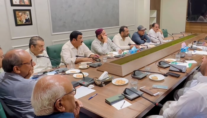 An important meeting of the chairmen of 13 towns of the Peoples Party was held in Karachi under the Sindh Local Government Minister Saeed Ghani. Sindh PPP General Secretary Waqar Mehdi and Karachi Mayor Murtaza Wahab on this occasion on August 23, 2024. — Screengrab/Facebook/@SaeedGhaniPPP