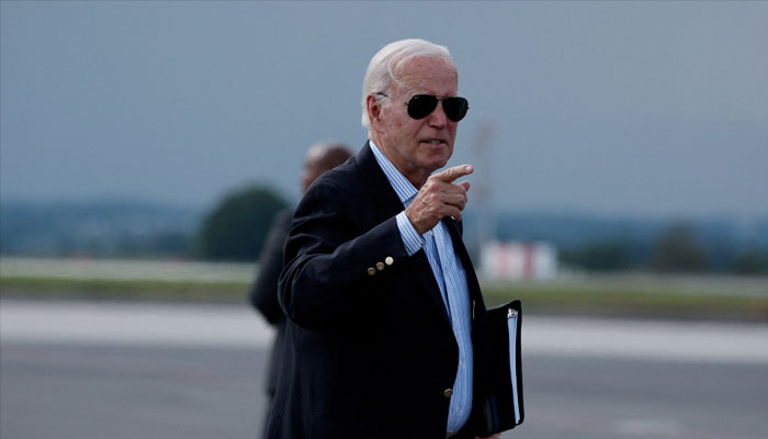 US President Joe Biden gestures before boarding Air Force One at Hagerstown Regional Airport in Hagerstown, Maryland, US August 18, 2024. — Reuters