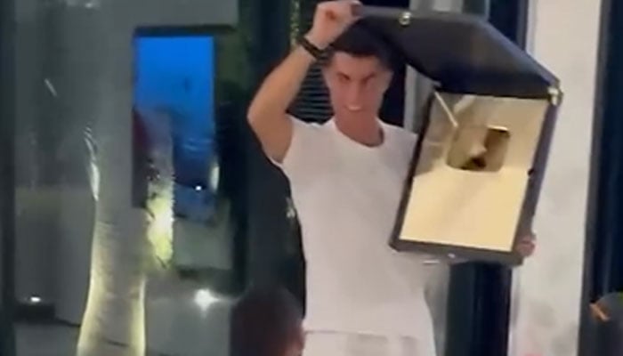 Al Nassr player Cristiano Ronaldo shows off YouTube golden play button.— Instagram@Cristiano/file