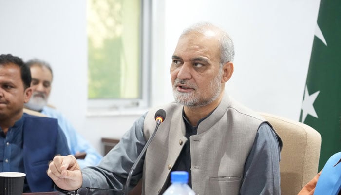 In this image Jamaat-e-Islami (JI) Emir Hafiz Naeem ur Rehman gestures during a meeting at Mansoorah Lahore on May 1, 2024. — Facebook/Hafiz Naeem ur Rehman