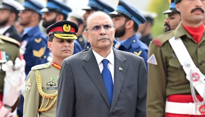 President Asif Ali Zardari inspecting the guard of honour, at the Aiwan-e-Sadr in Islamabad on March 11, 2024. — X/@PresOfPakistan