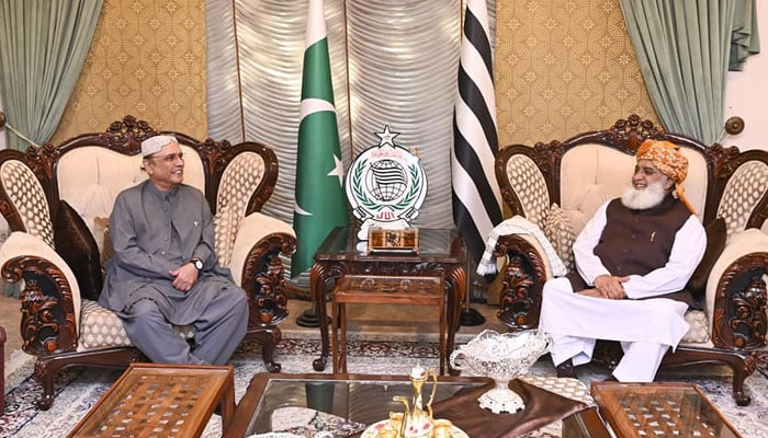 President Asif Ali Zardari (left) exchange views with (JUIF) chief Maulana Fazlur Rehman (right) on August 24, 2024. — Facebook/Maulana Fazl ur Rehman