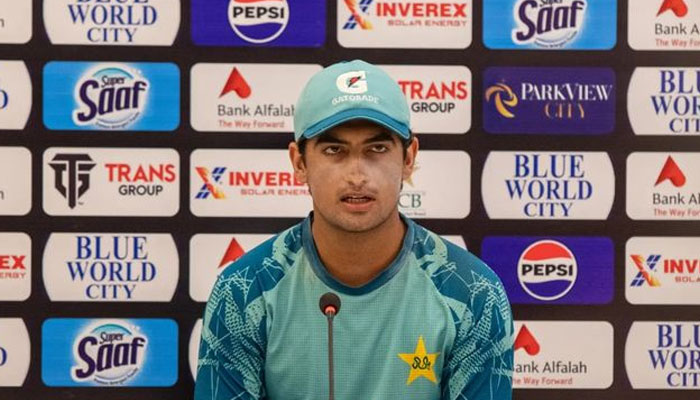 Pakistans Naseem Shah speaks during the post-match media conference after the conclusion of day four of the first Test against Pakistan in Rawalpindi on August 24, 2024. — Facebook/Pakistan Cricket Team