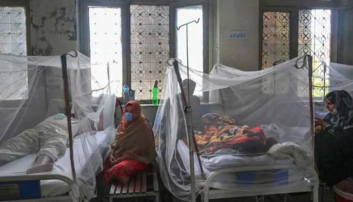 Relatives sit next to patients suffering from dengue fever at a hospital. — AFP/File