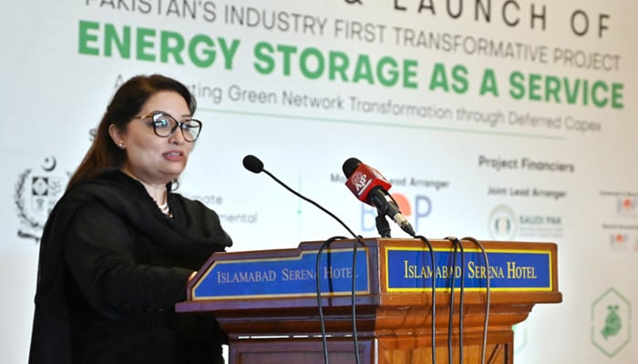 Coordinator to Prime Minister on Climate Change Ms. Romina Khurshid Alam addressing the Signing Ceremony and launch of Pakistans Industry First Transformative project “Energy Storage as a Service at a local hotel on August 24, 2024. —  APP