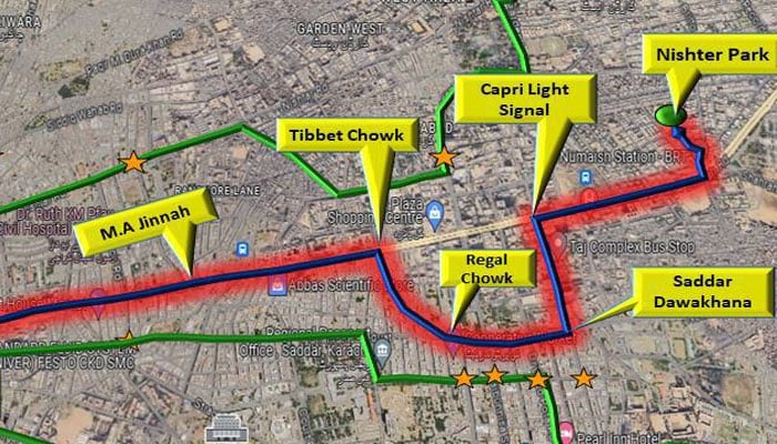 An aerial view of the traffic diversion plan issued by Karachi Traffic police for main Chehlum procession released on August 24, 2024. — Facebook/Karachi Traffic Police