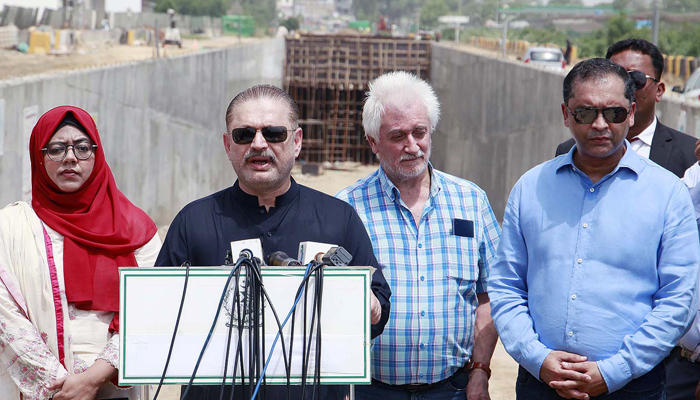 Sindh Minister for Excise and Taxation, Transport, and Mass Transit, Sharjeel Inam Memon talks with media persons after visit construction sites of new development projects under the supervision of local government department, located on Malir Cantt road in Karachi on August 24, 2024. — PPI