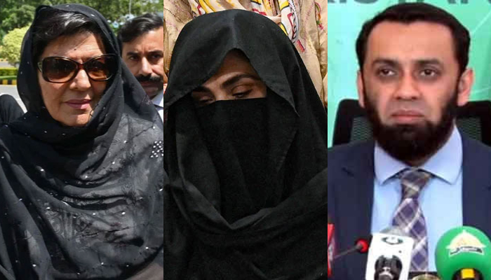 This collage of images shows, Aleema Khan (left) and Bushra Bibi (centre) and Federal Information Minister Atta Tarar (right). — AFP/State Media/File