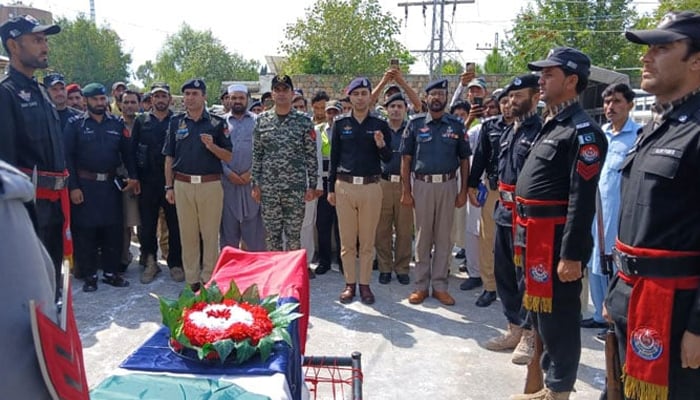 Police officials offer funeral prayer of policeman martyred in attack on checkpost on August 25, 2024. —Reporter