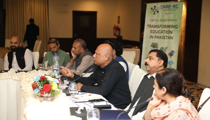 DARE-RC Program Director Harris Khalique speaks at the launch of the first research grant cycle of the Data and Research in Education - Research Consortium (DARE-RC) along with other educationists at Islamabad seen in this image released on August 24, 2024. — Facebook/@DARERCPK