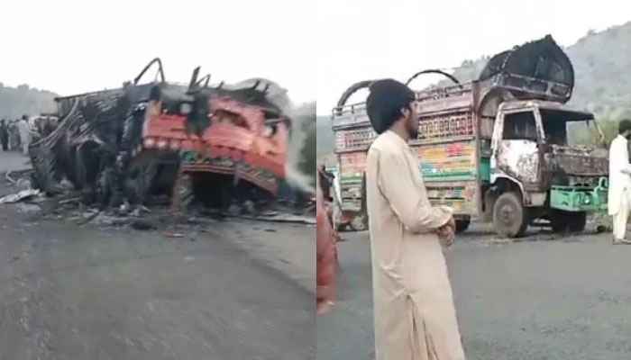 Burnt vehicles can be seen at the site of the incident where armed men offloaded and gunned down around two dozen people in Balochistans Musakhel on August 26, 2024. — Geo News/Salman Ashraf