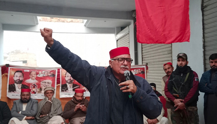 Awami National Party (ANP) leader Mian Iftikhar Hussain addresses a campaign gathering in Taru Jabba, Nowshehra on January 19, 2024. — Facebook/MianIftikharHus