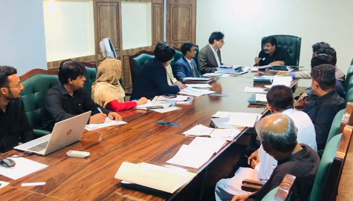 The meeting of College Education Department was chaired by Sindh Education and Development Minister Syed Sardar Ali Shah talks with other department officials are seen in this image released on August 27, 2024. — Facebook/@sardarshah.offical