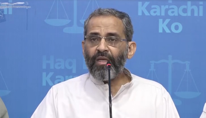 Jamaat-e-Islami Karachi  chief Monem Zafar speaks to the media in relation to the strike called by party Emir Hafiz Naeemur Rehman against inflation and high utility bills at JI’s Karachi headquarters Idara Noor-e-Haq on August 27, 2024. — Screengrab/Facebook/@Khijamaat