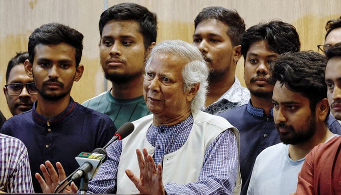 Nobel laureate and Bangladeshs interim governments Chief Adviser Muhammad Yunus speaks during a press briefing at the Hazarat Shahjalal International Airport, in Dhaka, Bangladesh, on August 8, 2024. — Reuters