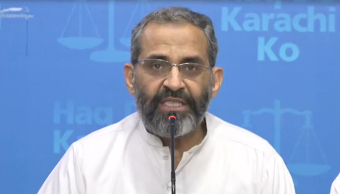 Jamaat-e-Islami Emir of Karachi Munem Zafar is addressing a press conference regarding inflation, increases taxes, high cost of electricity units and successful strike across the country on August 28, 2024. — Screengrab/Facebook/@jikmedia