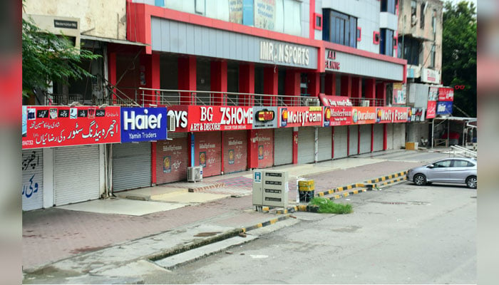 A view of closed shops at Karachi Company Market in Islamabad, during a nationwide strike called by trade organizations against the high electricity bills, excessive taxes and the absence of business-friendly policies on August 28, 2024. — Online