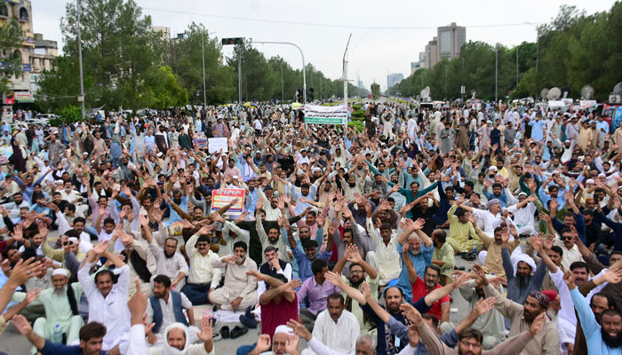 Employees of Utility Stores hold a sit-in protest (Dharna) at D-chowk in favour of their demands in Islamabad on August 28, 2024. — Online