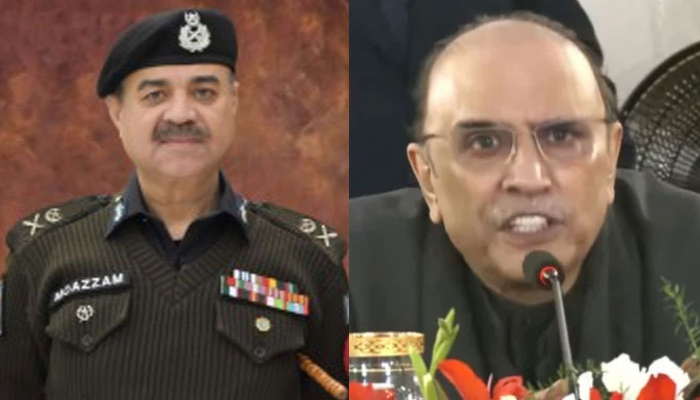 This combo of images shows, the newly appointed IG Balochistan, Moazzam Jah Ansari (left) and President Asif Ali Zardari (right). — Geo News/Frontier Constabulary Government of Pakistan Website/File