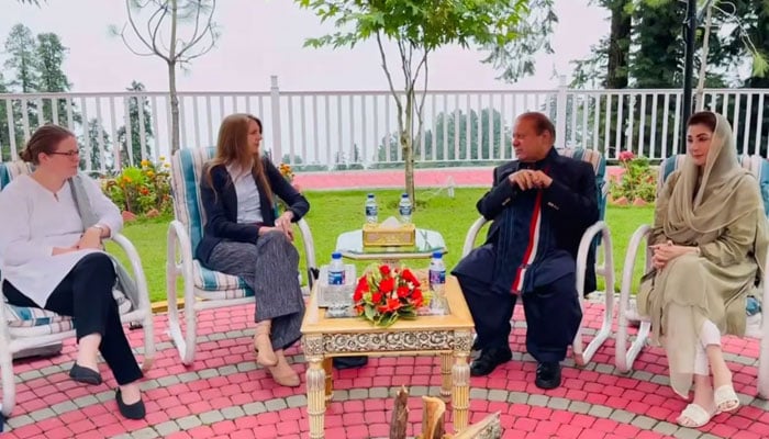 UK High Commissioner Jane Marriot (second left) meets PML-N President Nawaz Sharif (second right) and Punjab CM Maryam Nawaz (first right) in Murree on August 18, 2024. — Screengrab via Facebook/Maryam Nawaz Sharif