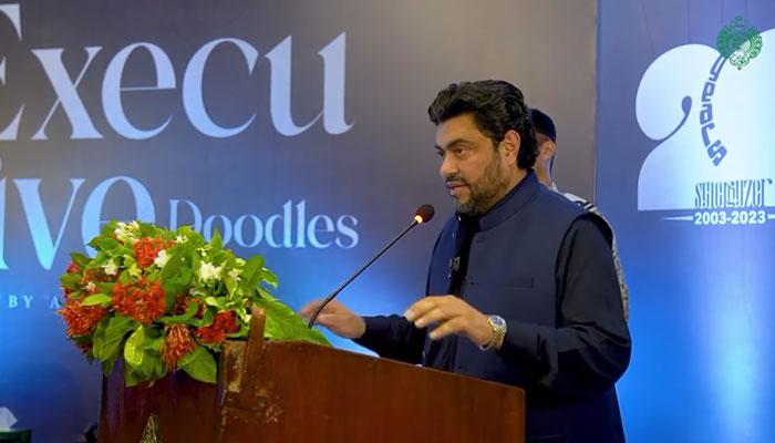 Sindh Governor Muhammad Kamran Khan Tessori, speaking at the book launching ceremony titled ‘Executive Doodles’, in Karachi on August 25, 2024. — Screengrab via Facebook/Kamran Tessori