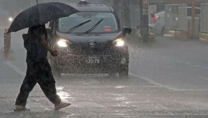 A passerby holding an umbrella walks in heavy rains caused by Typhoon Shanshan in Miyazaki, southwestern Japan August 28, 2024, in this photo taken by Kyodo. — Reuters