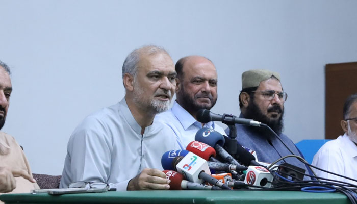 Jamaat-e-Islami (JI) Ameer Hafiz Naeemur Rehman Addresses a press conference on August 28, 2024. — Facebook/Hafiz Naeem ur Rehman