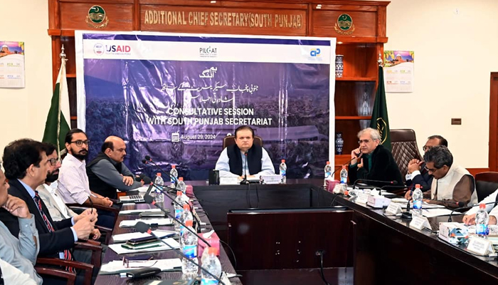 Additional Chief Secretary Fawad Hashim Rabbani (centre) PILDAT president Faheem Ahmed Khan (1st from centre right) and other officials are seen in this image released on August 30, 2024. — Facebook/@ACSSouthPunjab