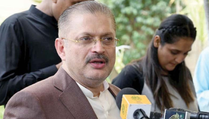 Sindh Minister for Information Sharjeel Inam Memon speaks to the media outside Sindh Assembly. — PPI/File