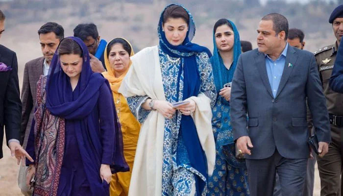 Punjab Chief Minister Maryam Nawaz (C) along with Marriyum Aurangzeb (L) visits Rawalpindi Ring Road project on February 29, 2024. — Facebook/Maryam Nawaz Sharif