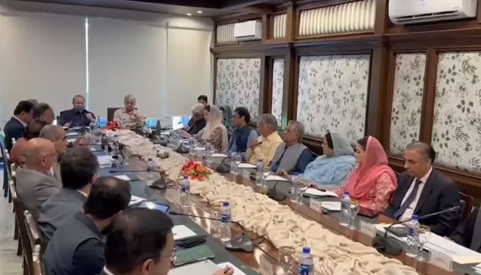 Pakistan Muslim League-Nawaz (PML-N) President Nawaz Sharif chairs a meeting at the party’s Central Secretariat in Model Town Lahore on August 31, 2024. — Screengrab via Facebook/PML(N)