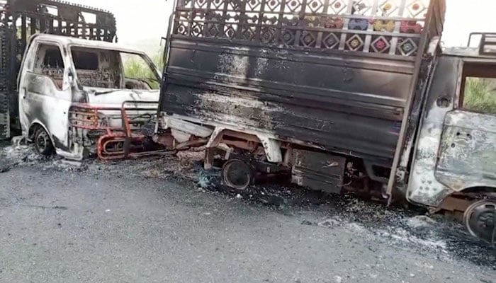 A view shows charred vehicles, after militants conducted deadly attacks, according to officials, in Balochistan, August 26, 2024. — Reuters