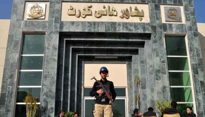 A police official stands guard outside the Peshawar High Court (PHC) in this photo. — APP/File