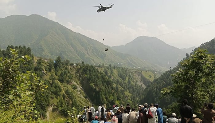 Rescue operation by Pakistan Army underway to save eight commuters trapped in a stricken cable car on August 22, 2023. — AFP